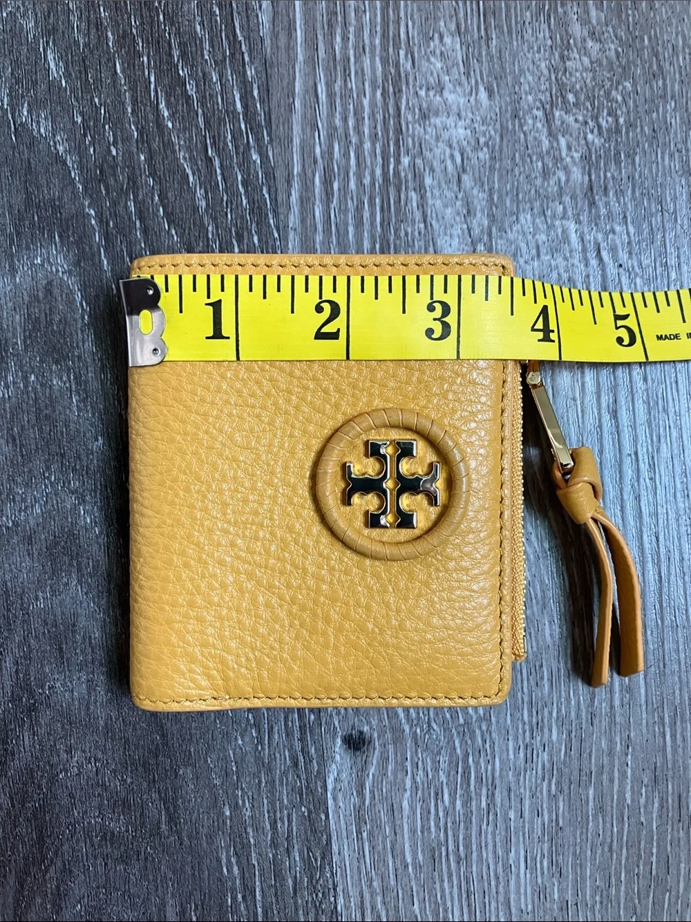 Tory Burch Pebbled Leather Zip Card Case in Mustard